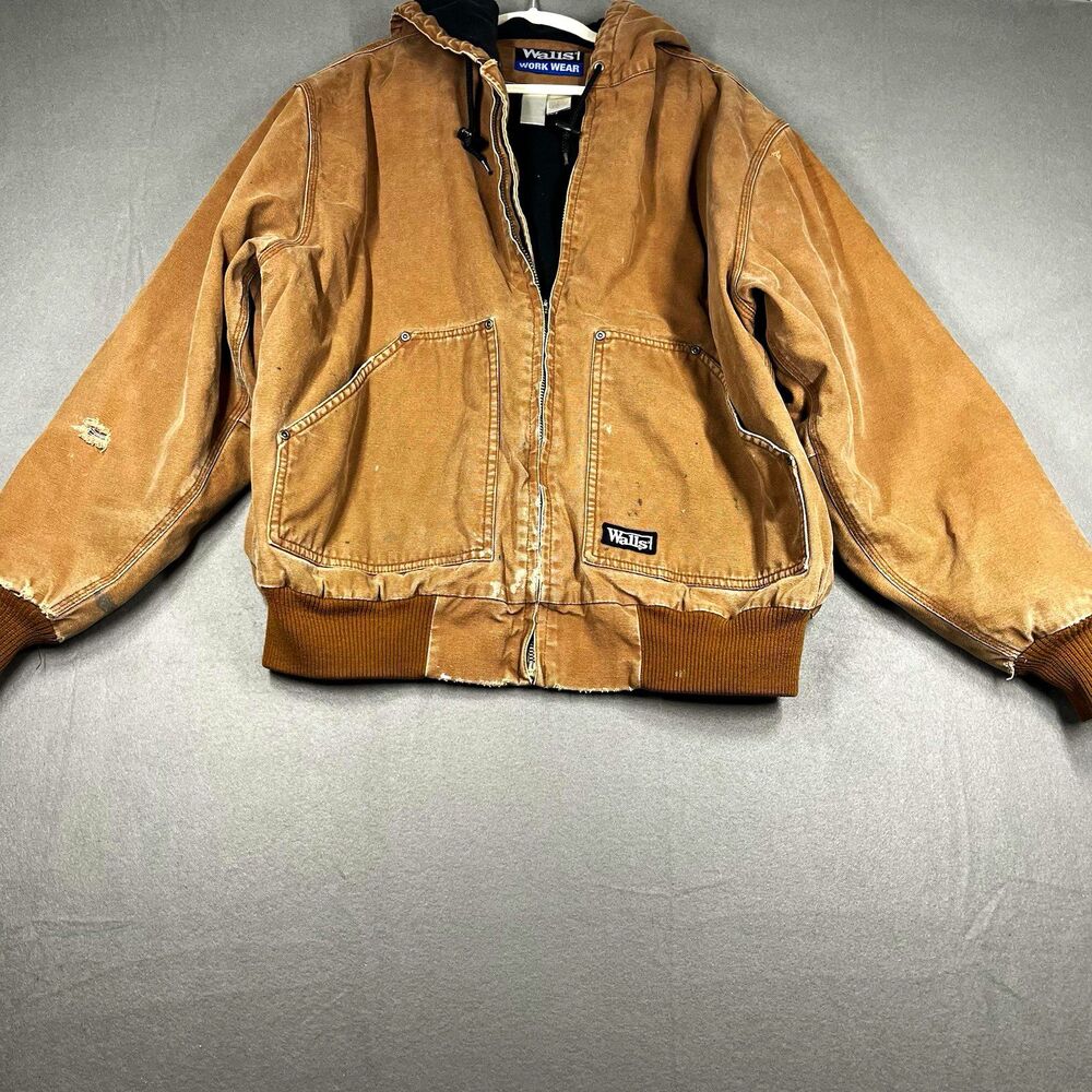 Walls Vtg Canvas Jacket Full Zip Hooded Thrashed Faded Tan Men's Large Grunge